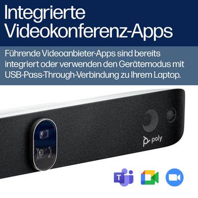 Integriertes Videokonferenzsystem mit führenden Apps, das im Gerätemodus über USB-Verbindung zum Laptop funktioniert.