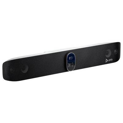 Eine schwarze Videokonferenzleiste mit integrierter Kamera und Mikrofon von Poly. Ideal für geschäftliche Meetings.
