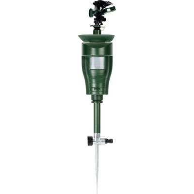 Ein grüner automatischer Gartensprinkler mit rotierendem Kopf und Erdspieß zur Bewässerung von Rasen oder Gartenbeeten.
