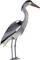 Ein stehender Graureiher aus Kunststoff mit dunklen Flügeln, grauem Körper und langem, rotem Schnabel.