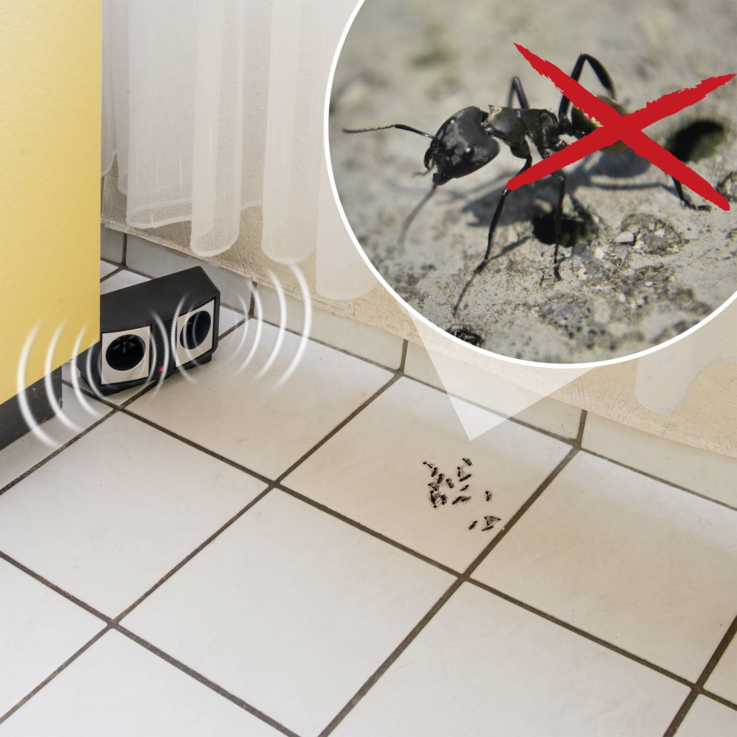 Ein Gerät in einer Zimmerecke sendet Ultraschallwellen aus, um Ameisen fernzuhalten. Ein vergrößertes Foto zeigt eine durchgestrichene Ameise.