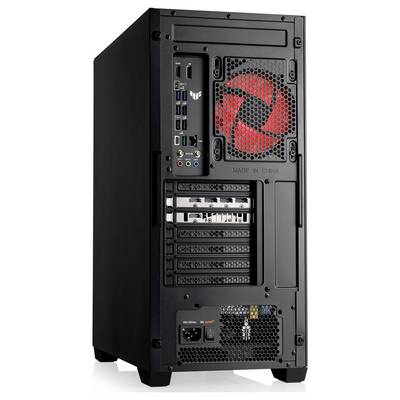 Die Rückseite eines schwarzen Desktop-Computergehäuses zeigt mehrere Anschlüsse, Erweiterungssteckplätze und einen roten Kühlventilator, was auf fortschrittliche Konnektivität hinweist.
