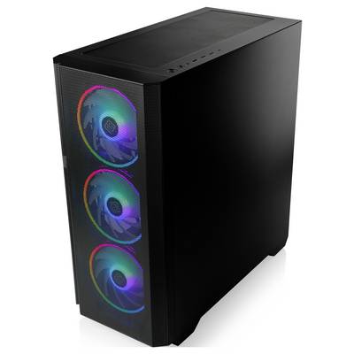 Ein schlanker schwarzer Computertower mit drei frontal ausgerichteten RGB-Lüftern, die buntes Licht ausstrahlen.