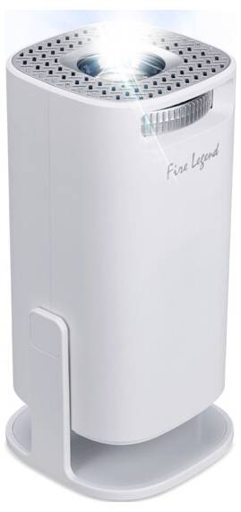 Weißer Luftreiniger mit gelochter Oberseite, mit der Aufschrift 'Fire Legend'. Strahlt ein helles Licht von oben aus, was auf eine aktive Filtration hindeutet.