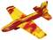 Ein rotes und gelbes Modellflugzeug mit Tarnmuster. Flugzeug ist in Draufsicht fotografiert und zeigt kräftige Farbkombinationen.