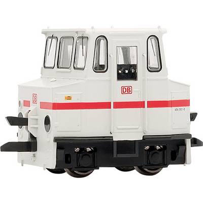 Ein Modell einer weißen Rangierlokomotive mit rotem Streifen und DB-Logo. Sie hat eine kantige Form und keine sichtbaren Gleise.