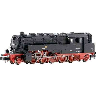 Ein Modellzug mit einer detaillierten, klassischen Dampflokomotive in schwarzer Lackierung und roten Rädern, der das vintage Eisenbahndesign hervorragend präsentiert.