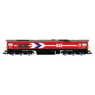 Roter HGK-Güterzug mit europäischem Logo auf der Seite, seitliche Ansicht. Lokomotive DE 64.