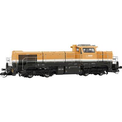 Ein orange-schwarzer Zug mit der Aufschrift 'BASF' auf der Seite. Der Zug ist eine Lokomotive und steht still vor einem neutralen Hintergrund.
