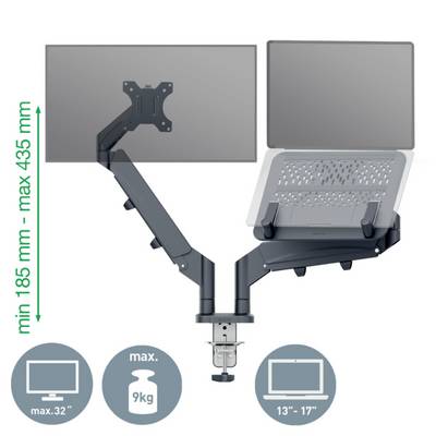 Zwei verstellbare Arme für Monitore und Laptops, mit Höhenangabe von 185 mm bis 435 mm. Geeignet für Monitore bis 32 Zoll und Laptops 13–17 Zoll. Maximale Traglast: 9 kg.