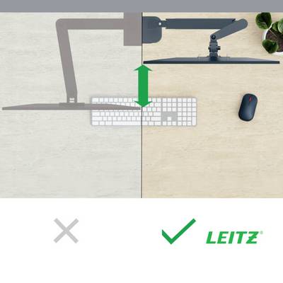 'Bild zeigt zwei Schreibtischlayouts: links unordentlich, rechts aufgeräumt mit Leitz-Logo. Pfeil zeigt Wechsel zur ordentlichen Seite.'