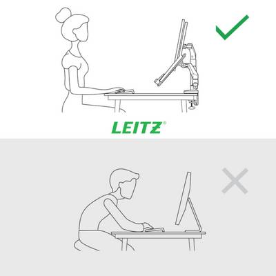 'Zeichnung von zwei Personen, die Computer benutzen; obere Person sitzt aufrecht und korrekt, untere Person gebückt; oberes Bild mit grünem Häkchen.'