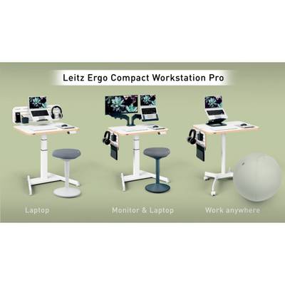 'Drei verschiedene Arbeitsplatz-Setups: ein Laptop, Monitor und Laptop, und ein Arbeitsplatz für flexibles Arbeiten mit ergonomischem Hocker.'