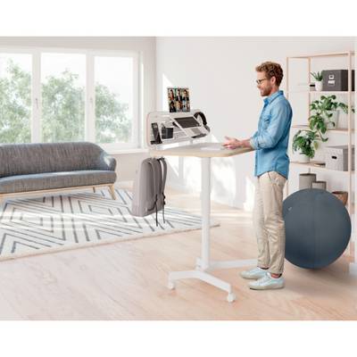 Ein Mann steht an einem höhenverstellbaren Schreibtisch, arbeitend an einem Laptop. Im Raum sind ein Sofa, ein Gymnastikball und Pflanzen zu sehen.
