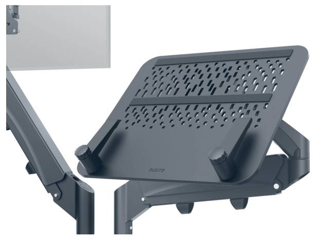 Laptopständer mit verstellbarer Neigung und Belüftungslöchern, montiert an einem Gelenkarm, ideal für ergonomisches Arbeiten.