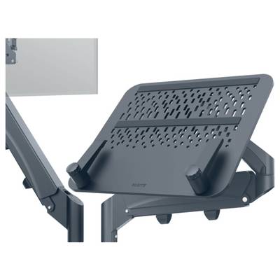 Laptopständer mit verstellbarer Neigung und Belüftungslöchern, montiert an einem Gelenkarm, ideal für ergonomisches Arbeiten.