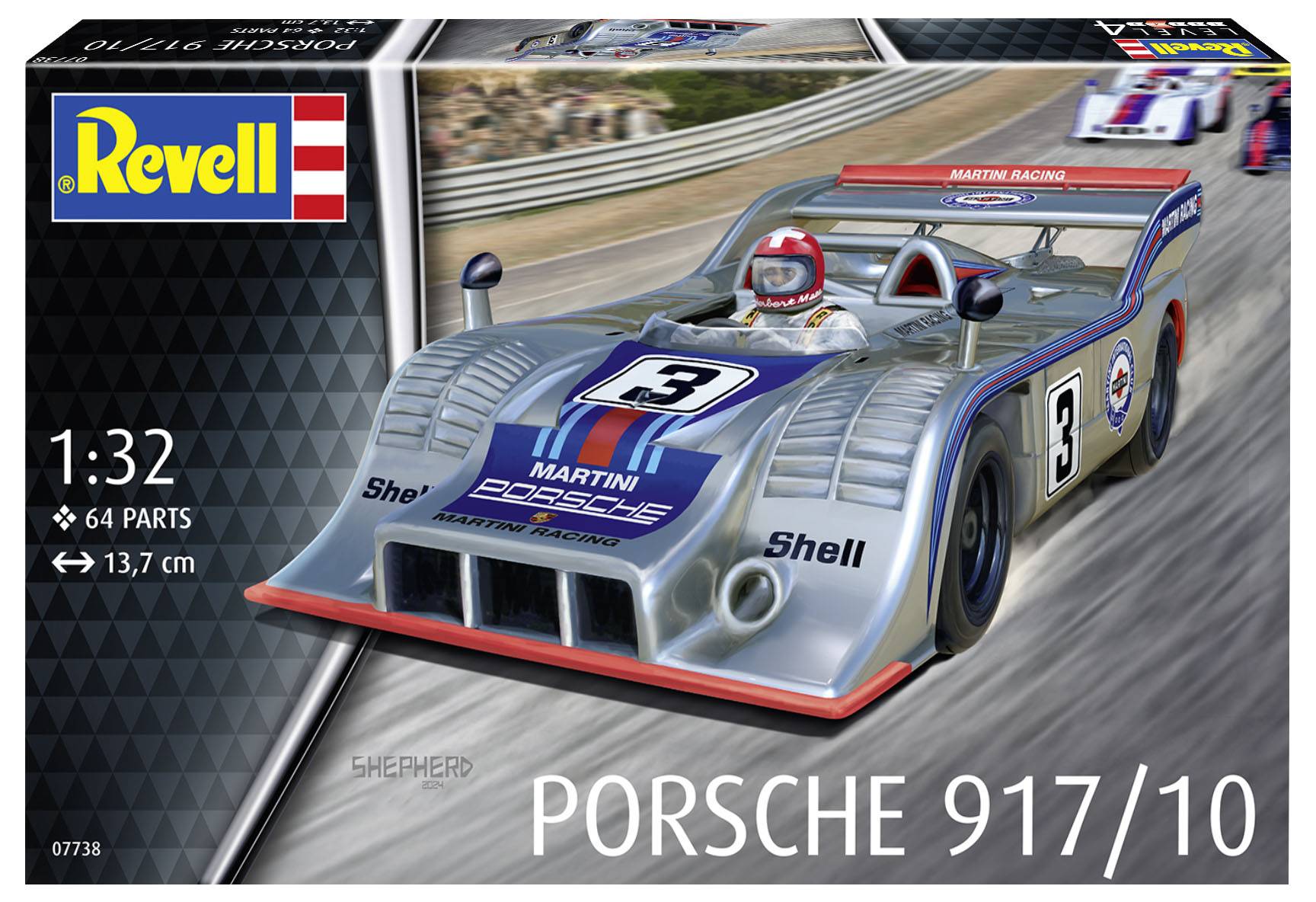 Ein Modellbausatz einer Porsche 917/10 Rennwagen-Nachbildung von Revell im Maßstab 1:32 mit 64 Teilen.