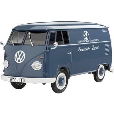 Blauer Volkswagen Transporter mit der Aufschrift 'Ersatzteile-Dienst' auf der Seite, steht auf weißem Hintergrund.
