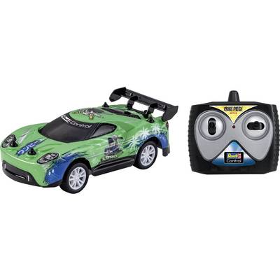 Grünes ferngesteuertes Spielzeugauto mit auffälligen Grafiken und passender Fernbedienung; Räder in Weiß, mit Spoiler hinten.