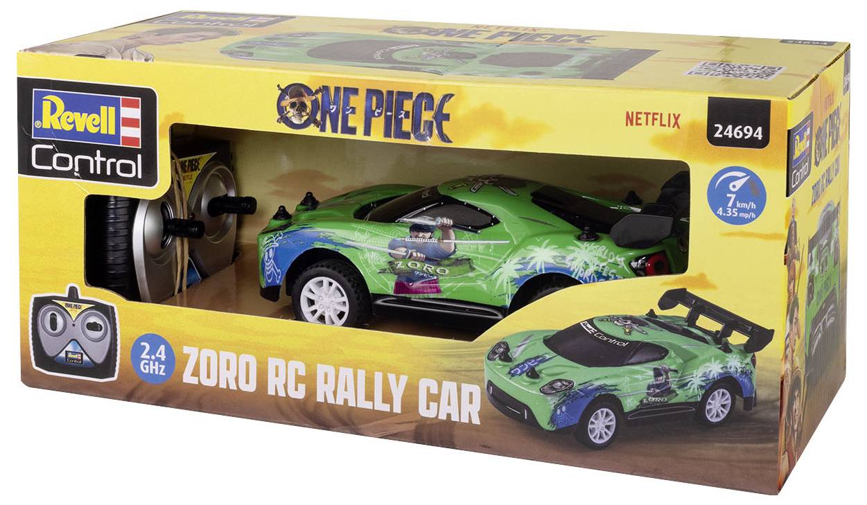 Eine Spielzeugverpackung zeigt ein grünes Zorro-Fernsteuerungs-Rallyeauto aus der 'One Piece'-Serie von Revell Control.