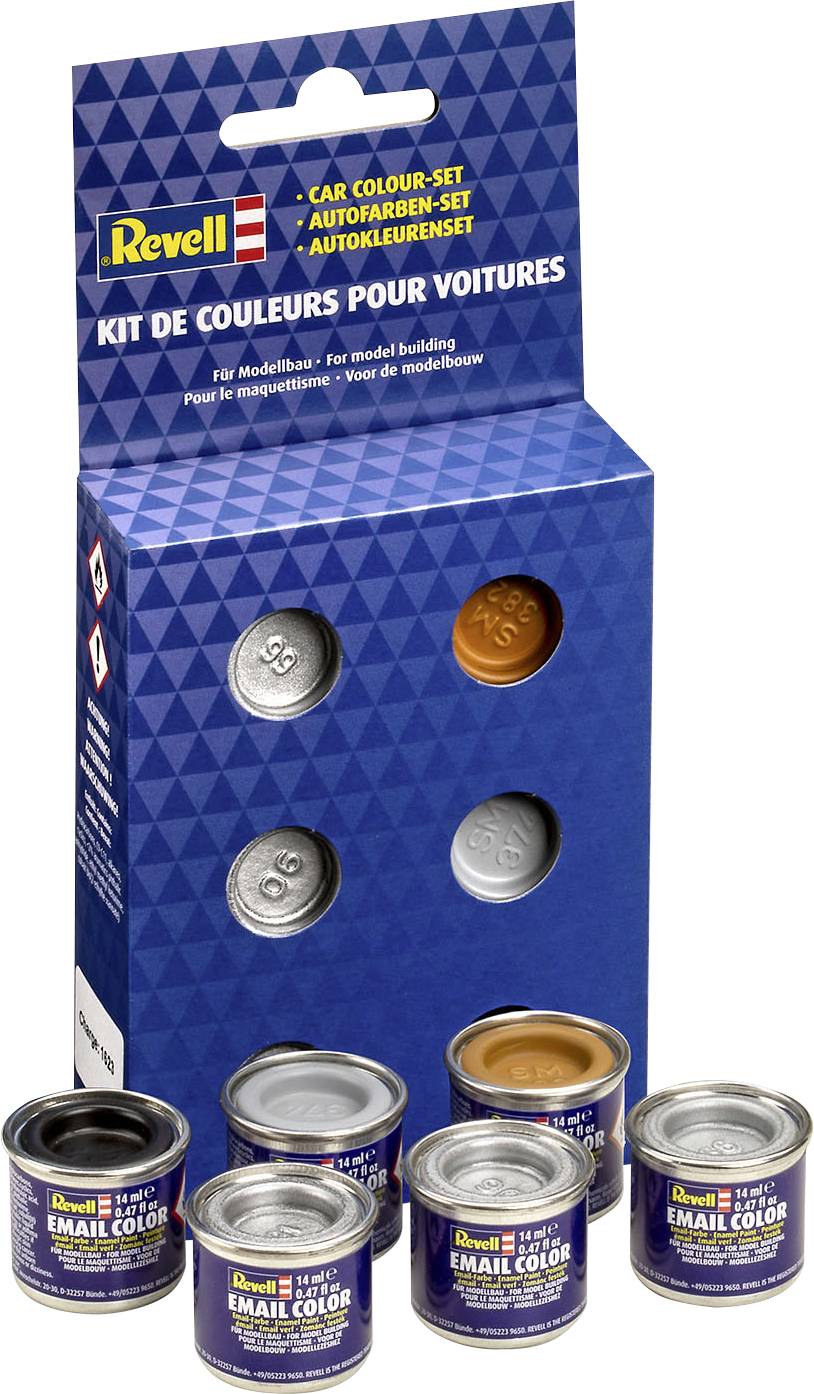 Sechs Miniatur-Farbdosen von Revell für den Modellbau, mit Aufschrift 'Email Color'. Verpackung zeigt Blau- und Silbertöne.