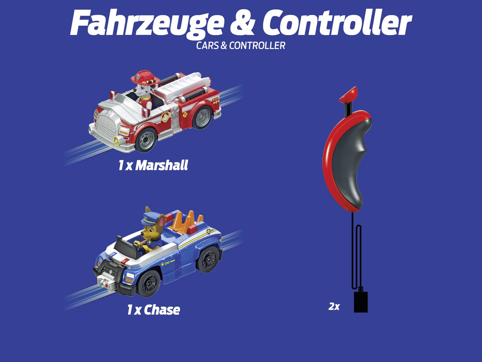 Feuerwehrauto mit 'Marshall' und Polizeiauto mit 'Chase', beide aus einer Serie. Zwei rote Controller zur Steuerung der Spielzeuge.