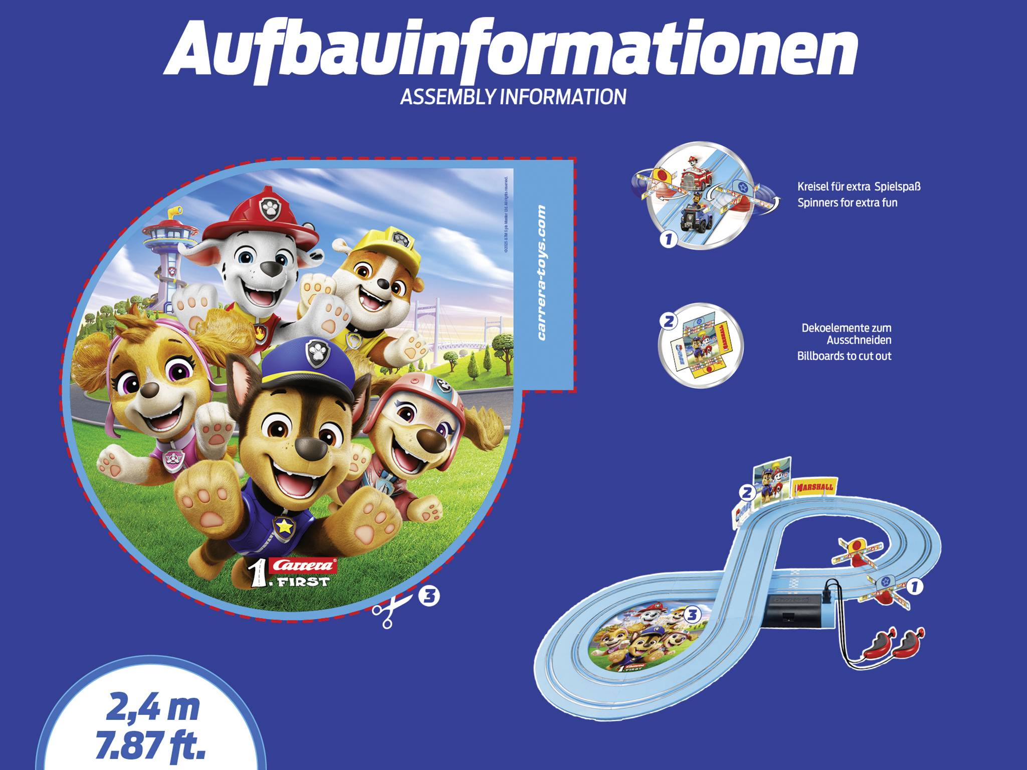'Aufbauinformationen' zeigt ein Spielset mit einer Rennbahn und Figuren. Enthält Details zur Montage und Nutzung, 2,4 Meter Länge.