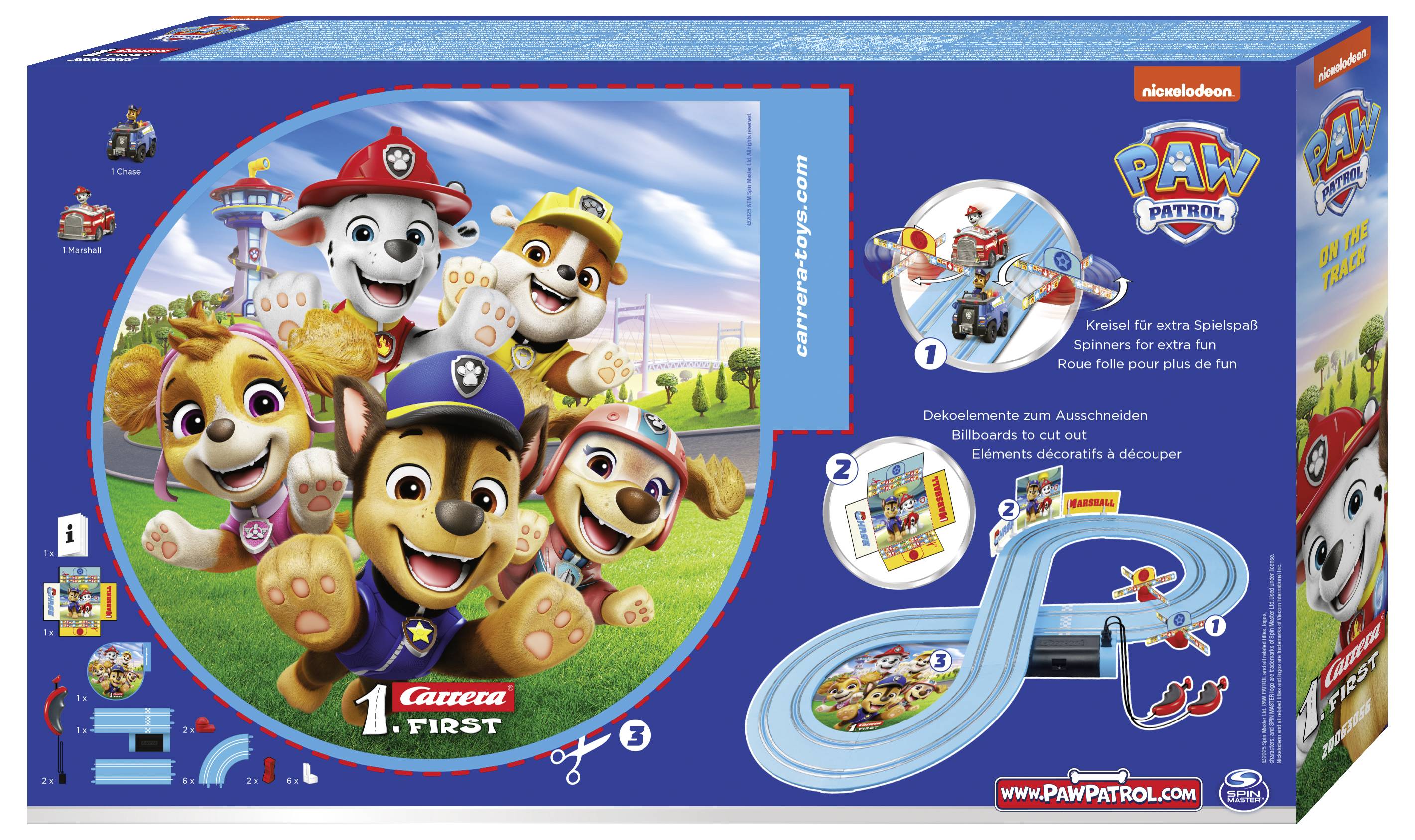Paw Patrol themed Carrera-Rennbahn-Set mit Charakteren und einem Streckenlayout. Verpackung zeigt Spielfiguren und Streckenskizze.