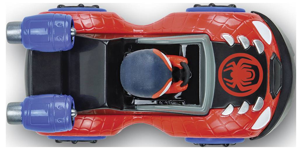 Ein Spielzeugauto im Spiderman-Design von oben, rot mit blauen Rädern und Spinnen-Logo.