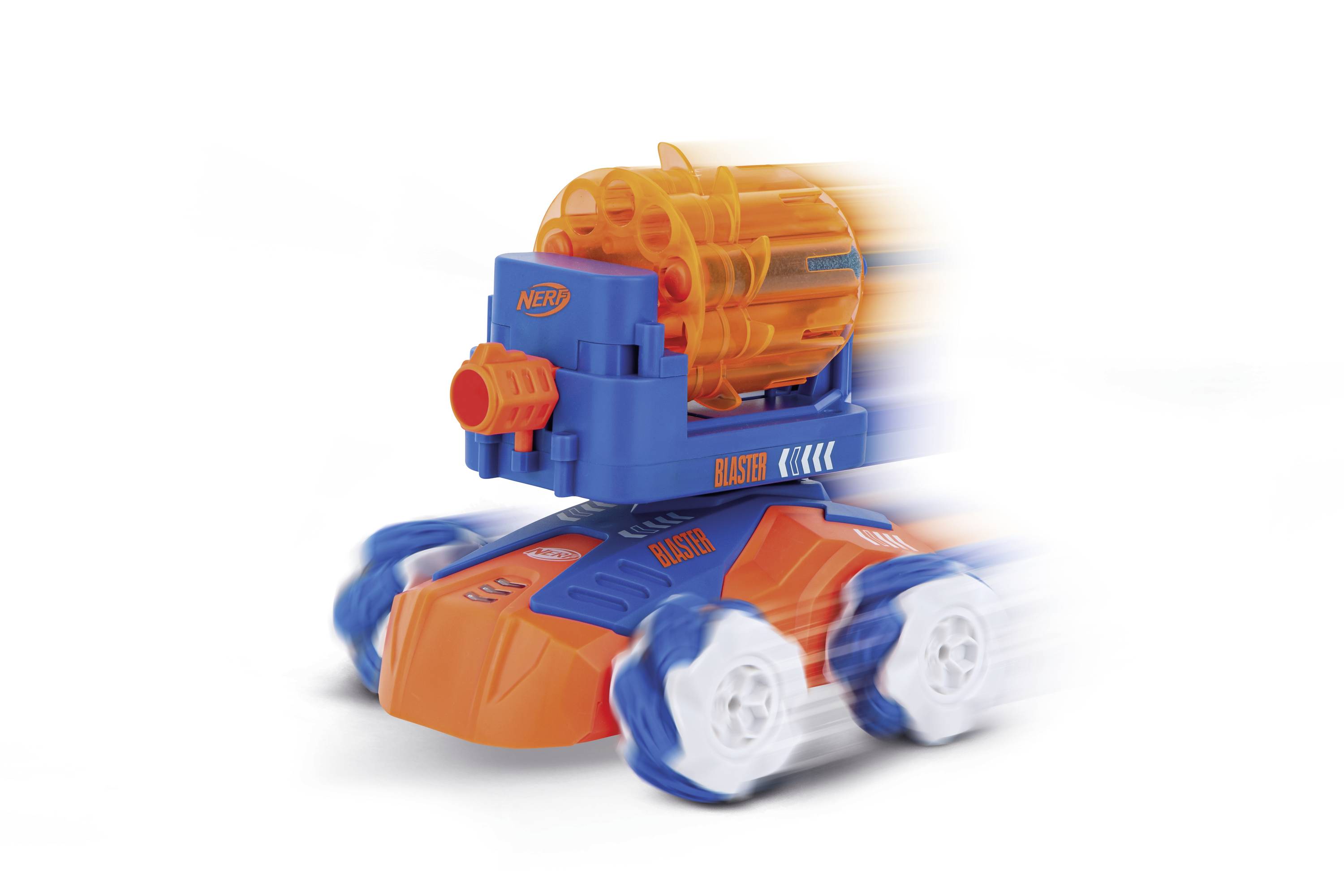 Ein Spielzeugauto mit orangem und blauem Design, das schnell fährt. Oben ist ein orangefarbener Blaster befestigt, der dynamisch aussieht.