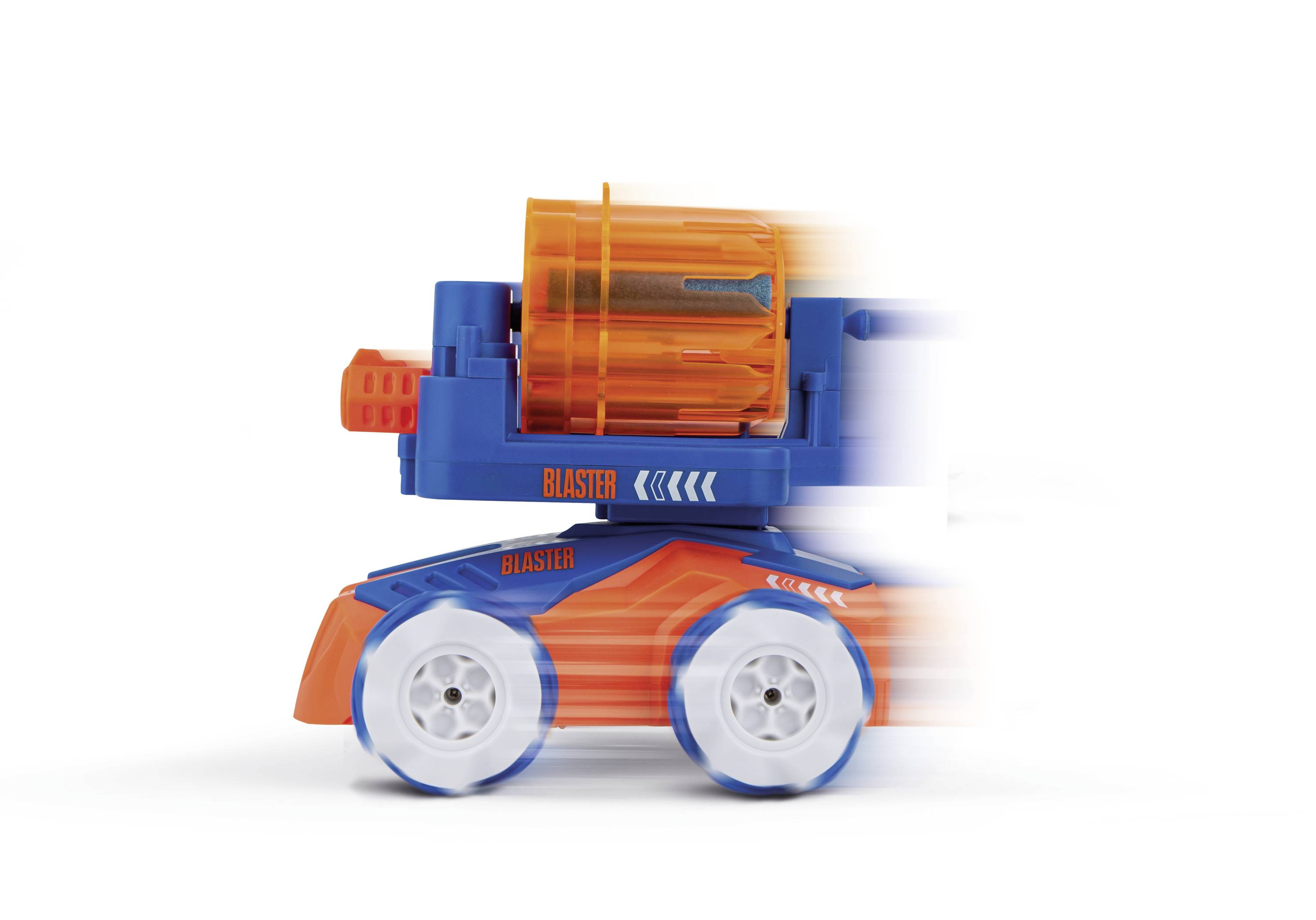 Ein bunter Spielzeugpanzer mit blauen und orangenen Details, in Bewegung dargestellt, vermittelt Geschwindigkeit.