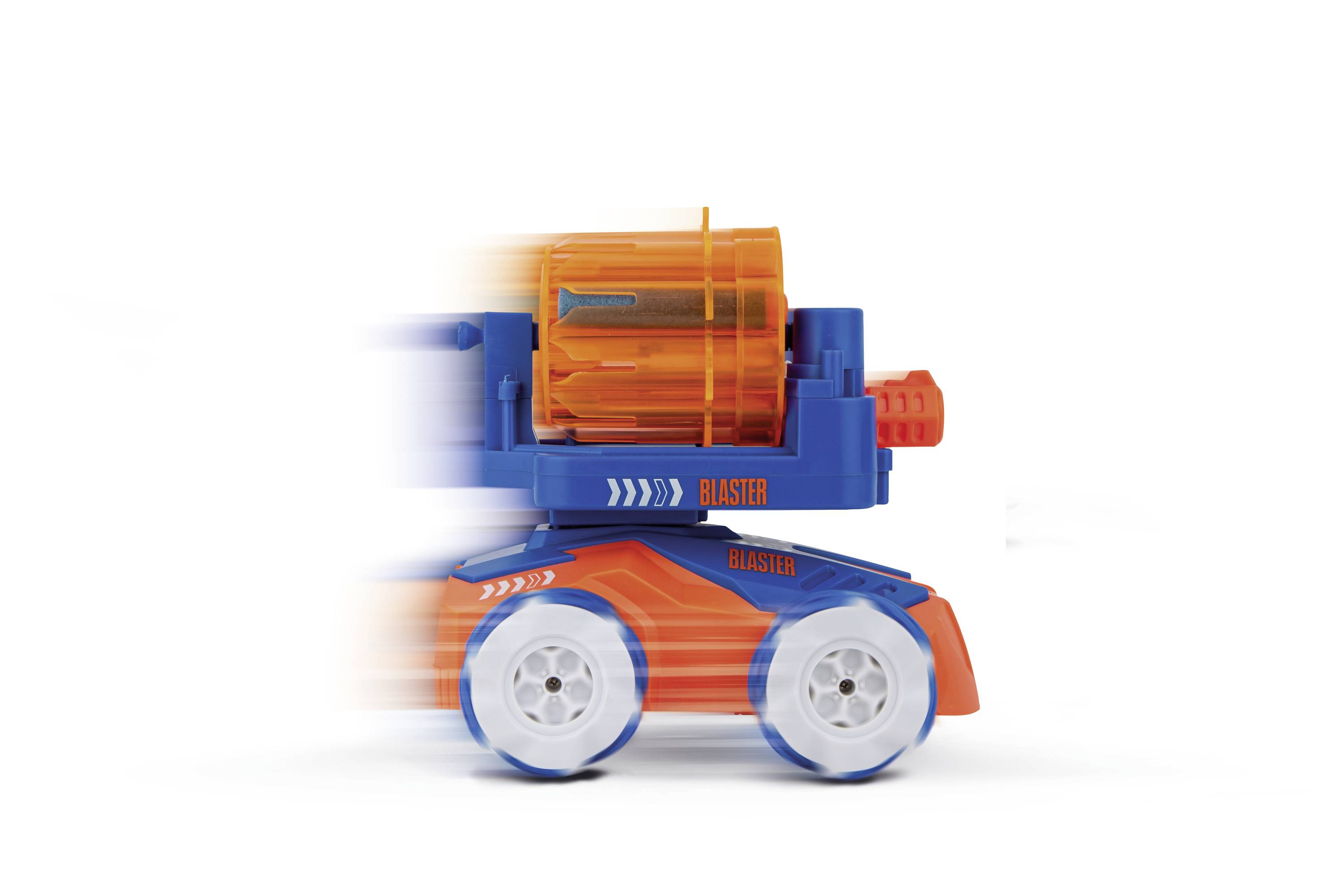Spielzeugauto mit orange-blauem Design, sichtbarer Bewegungsunschärfe, die Schnelligkeit darstellt.