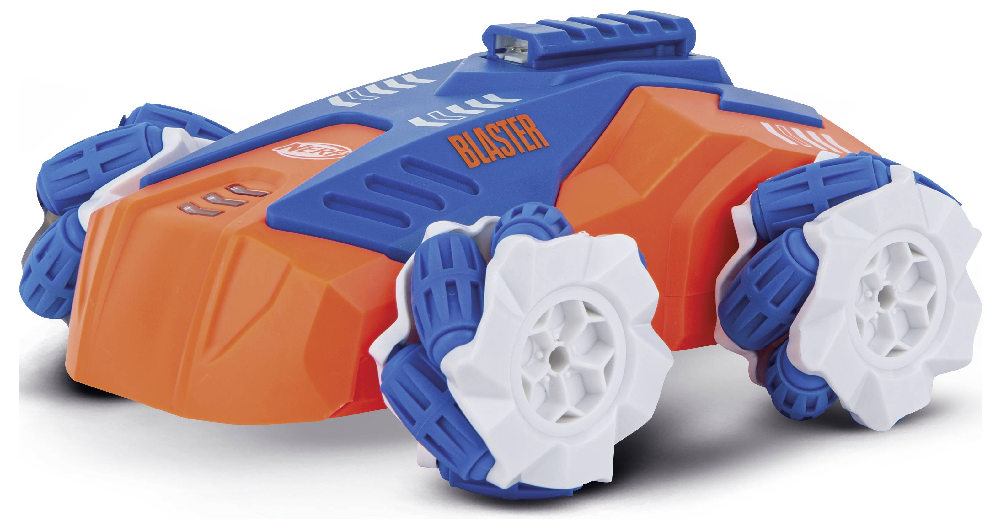 Ein ferngesteuertes Auto mit orange-blauem Gehäuse und weiß-blauen Rädern, gekennzeichnet mit 'BLASTER'.