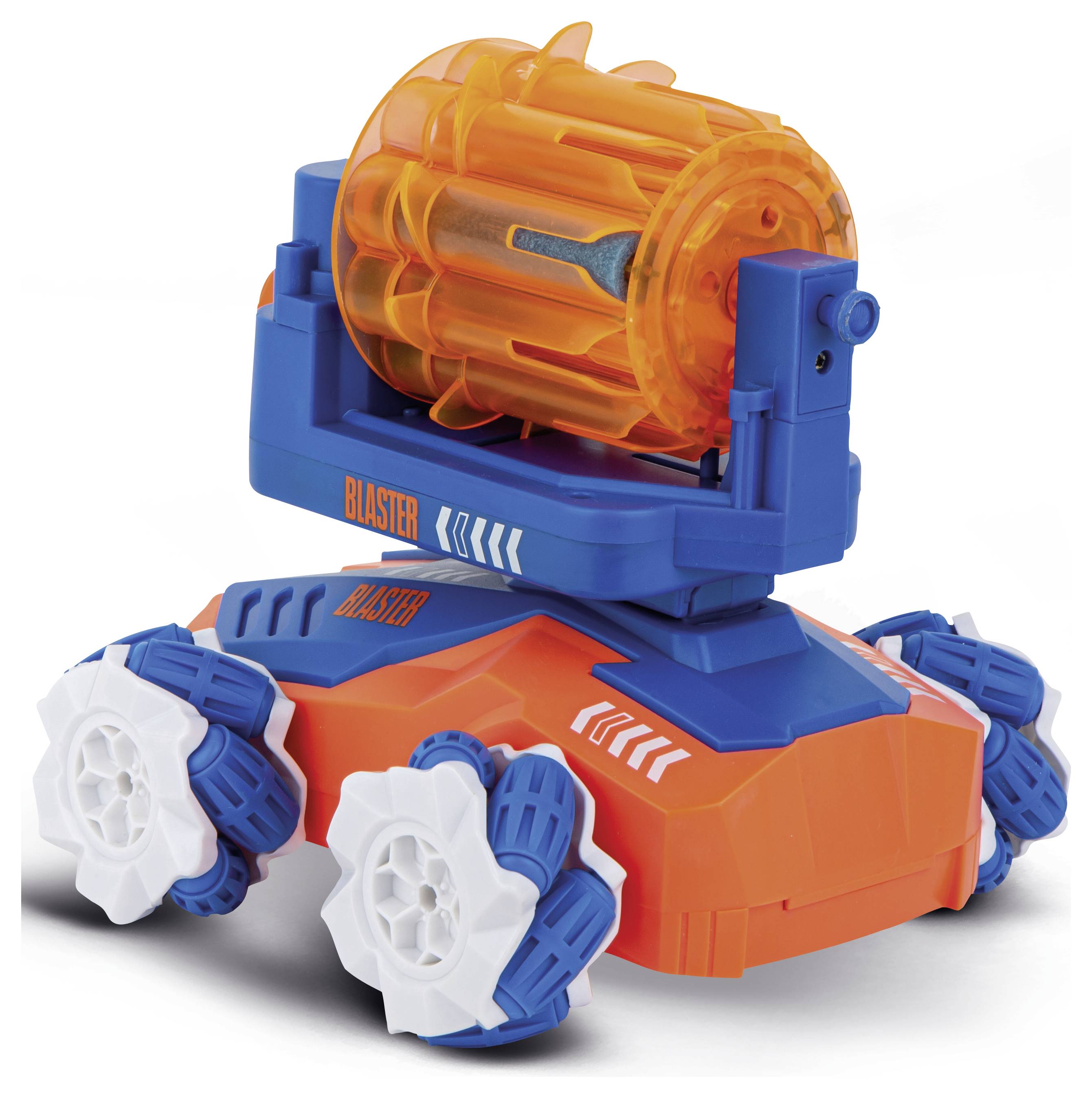 Der Spielzeugroboter hat orange-blaue Panzerung und weiße Räder. Oben ist ein orangefarbener rotierender Blaster angebracht.