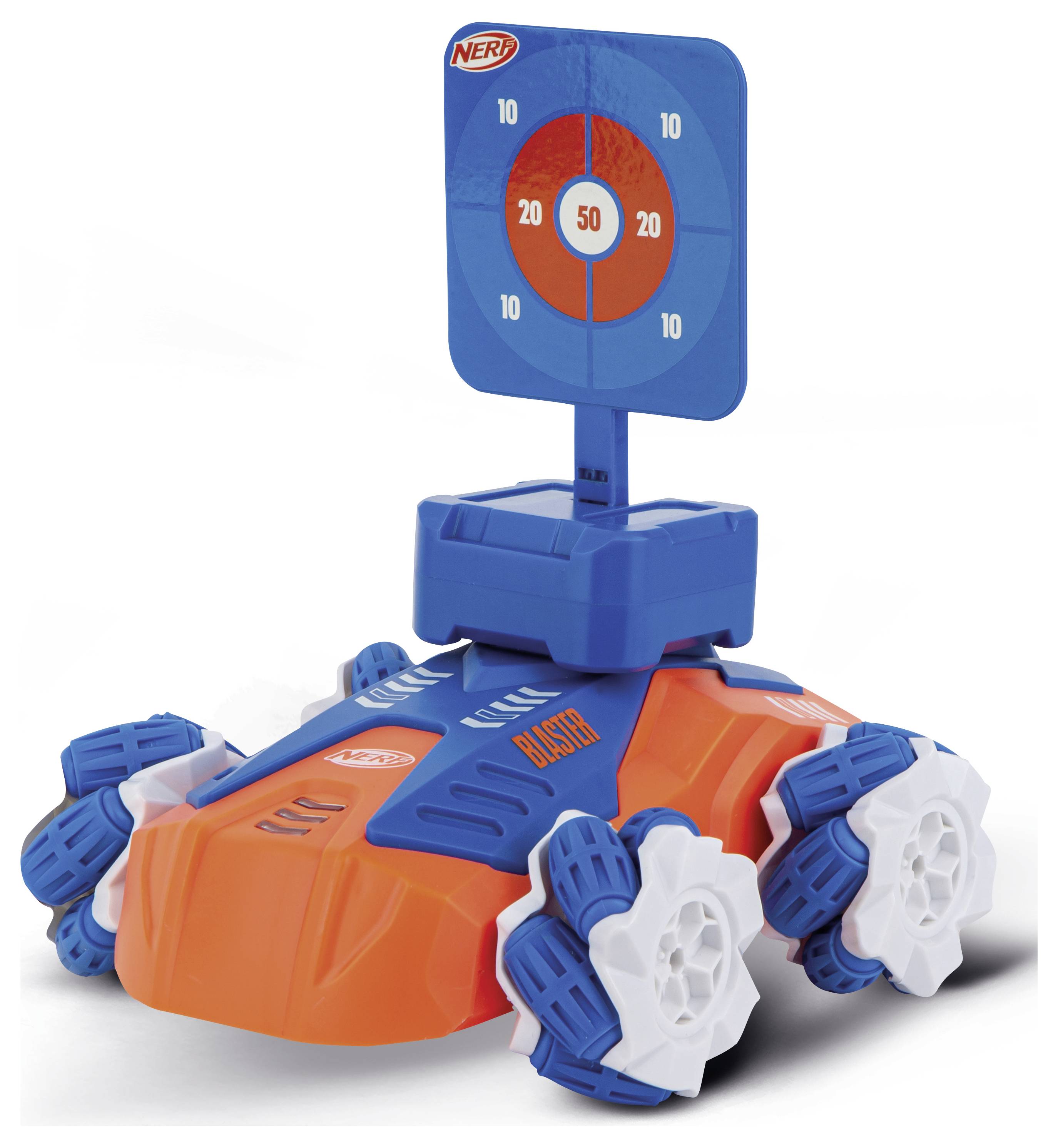 Spielzeugauto mit vier blauen Rädern, orange-blauem Gehäuse und Zielscheibe auf der Oberseite, entwickelt für Schießspiele.