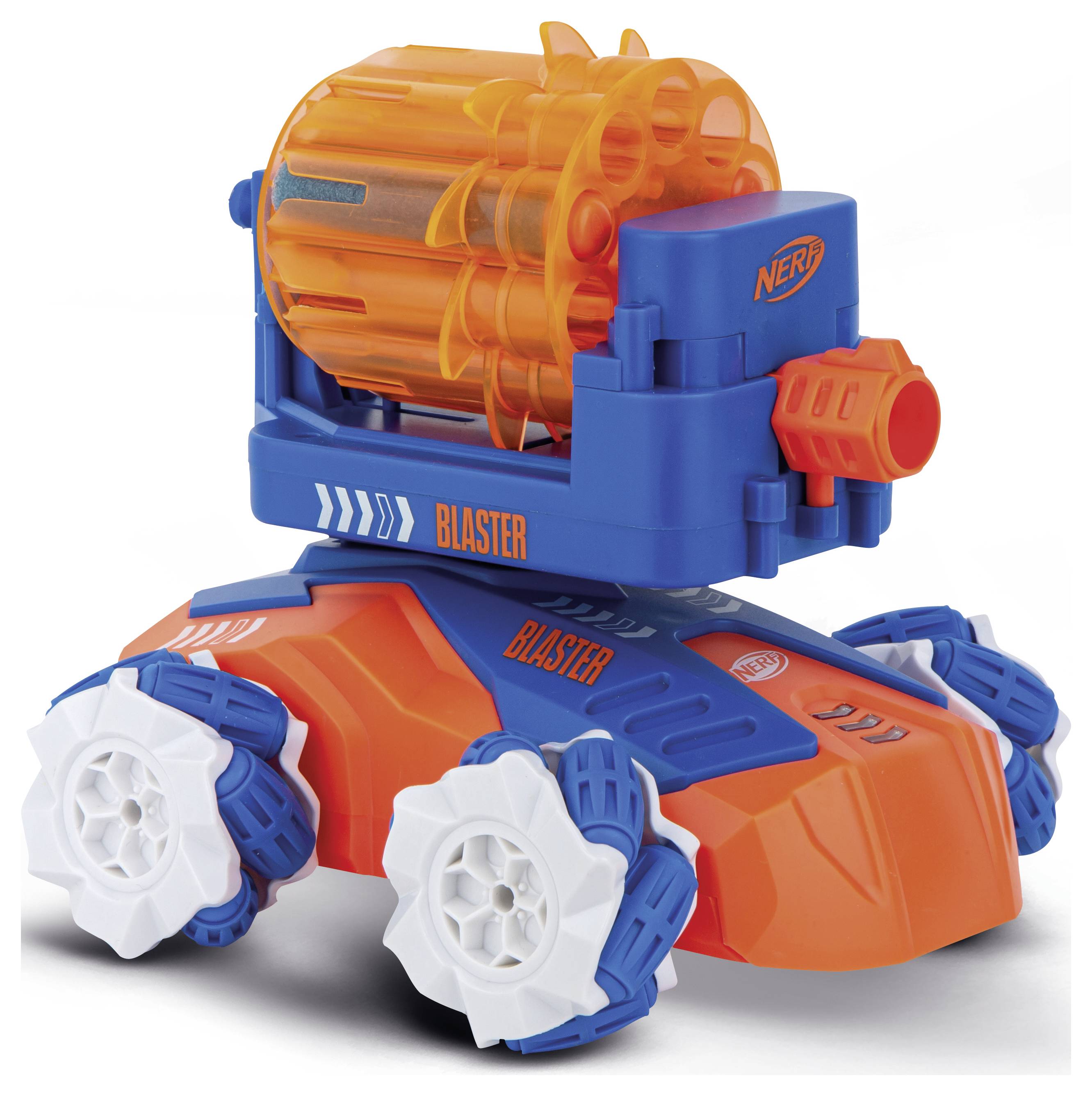 Ein Spielzeugauto mit blauen und orangenen Details, ausgestattet mit einem drehbaren, orangefarbenen Zylinder auf der Oberseite.