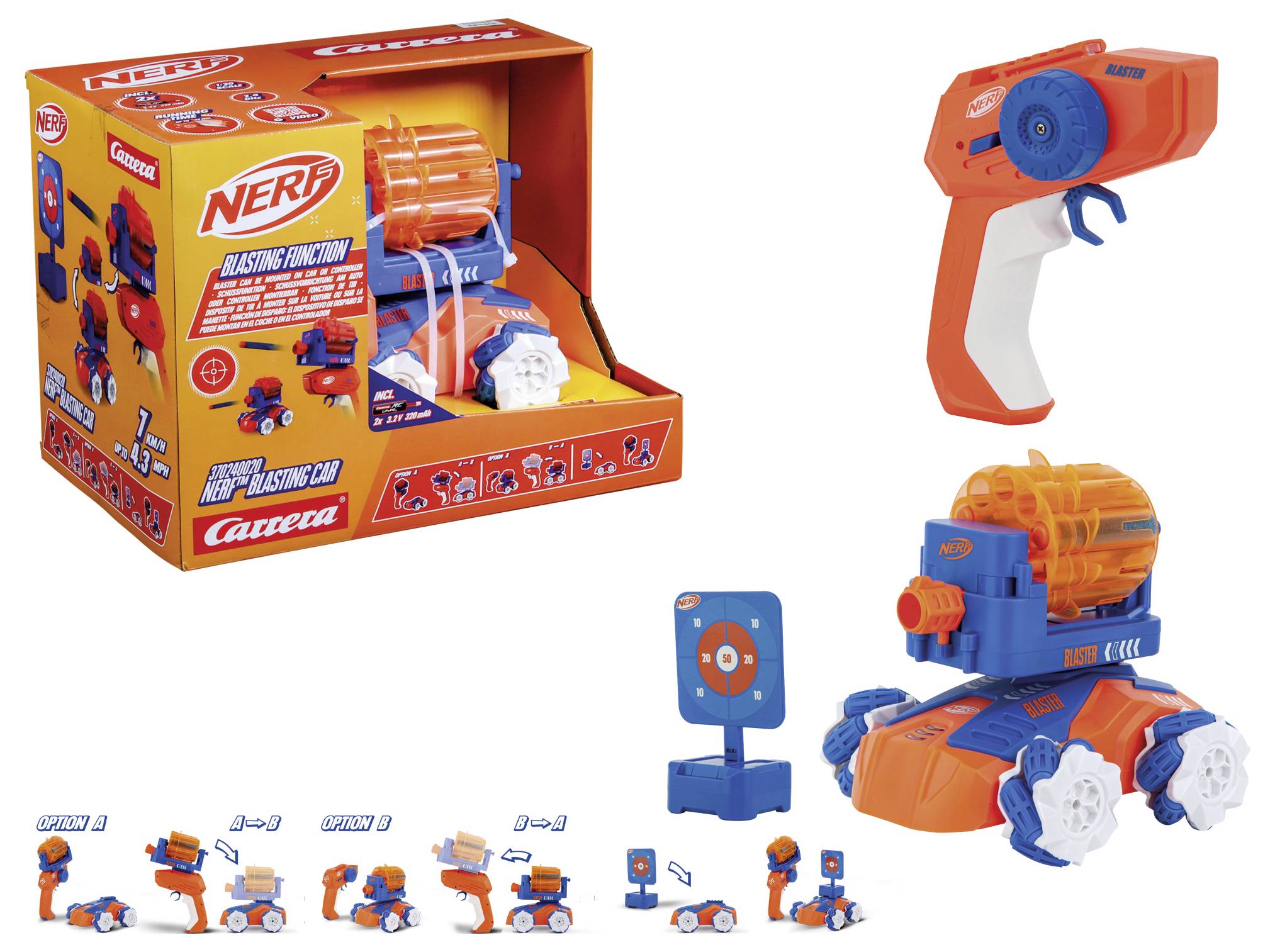 'Nerf'-Spielzeugset mit Blaster, Auto und Zielscheibe. Zeigt Teile und Aufbau des Spielzeugs. Die Verpackung erklärt die Funktionen.