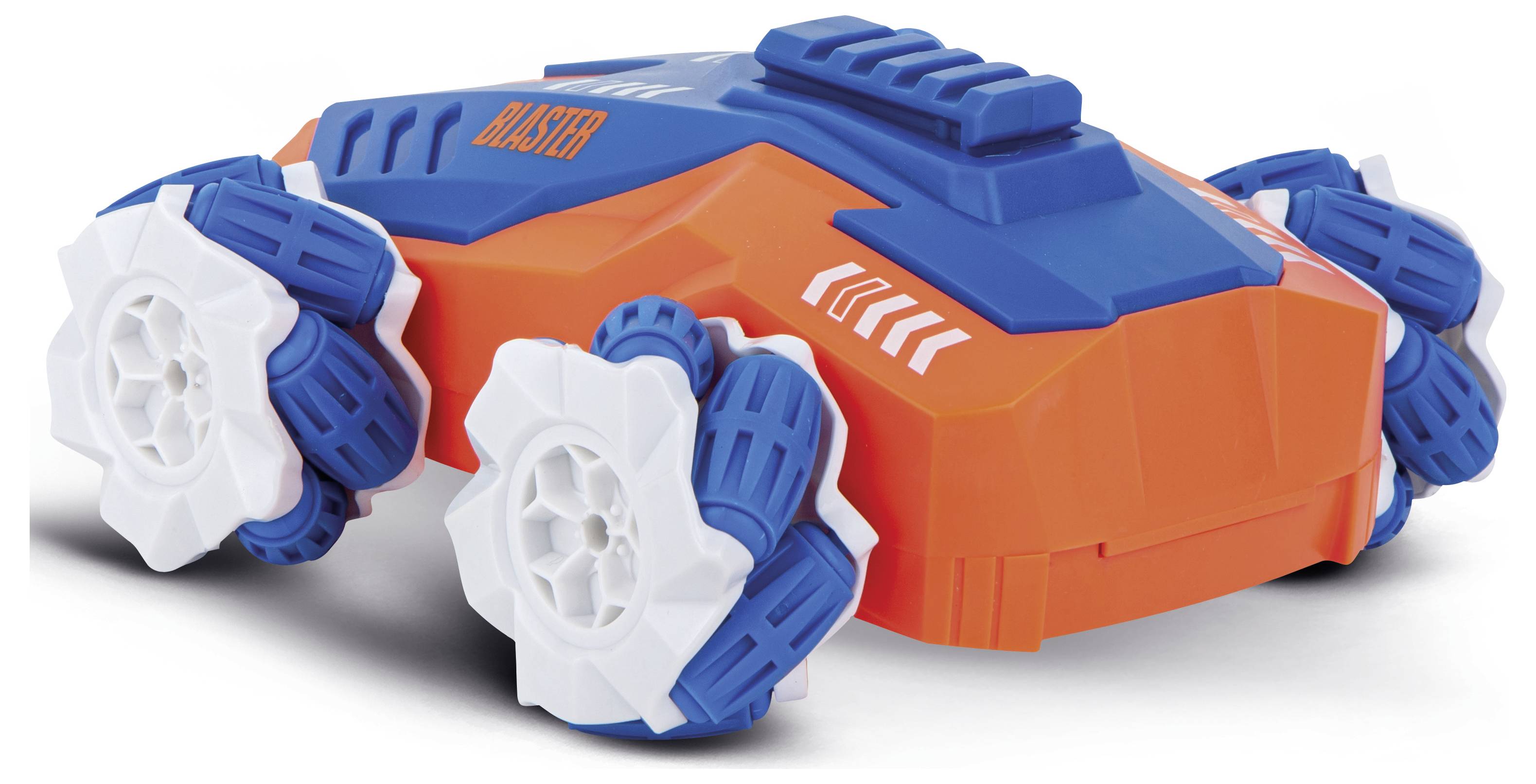 Ein orange-blaues Spielzeugauto mit vier großen, mehrfarbigen Rädern, geeignet für Kinder, robustes Design.