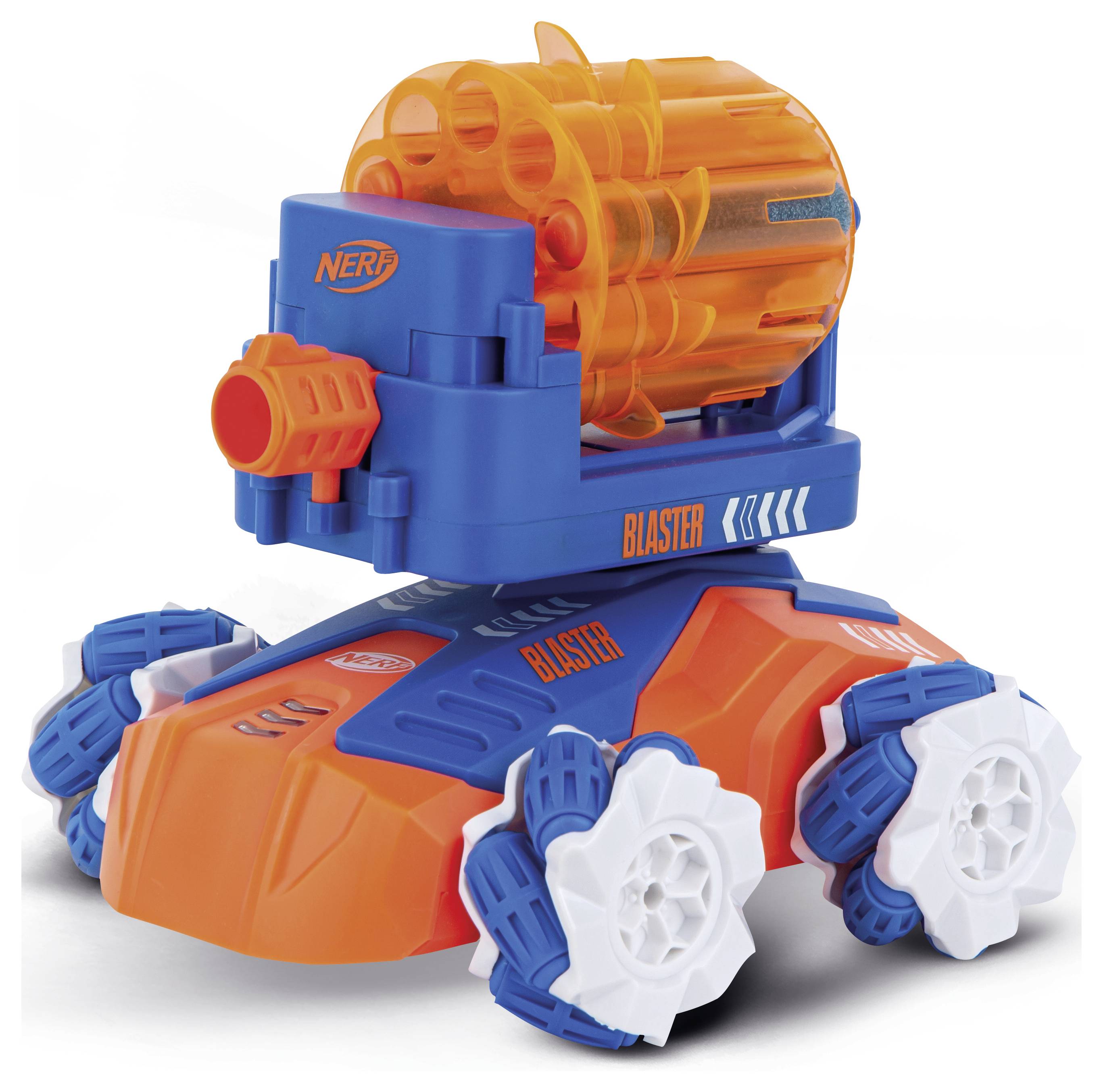 Spielzeugfahrzeug in orange und blau mit drehbaren Rädern und einem großen, runden Wasserkanister.