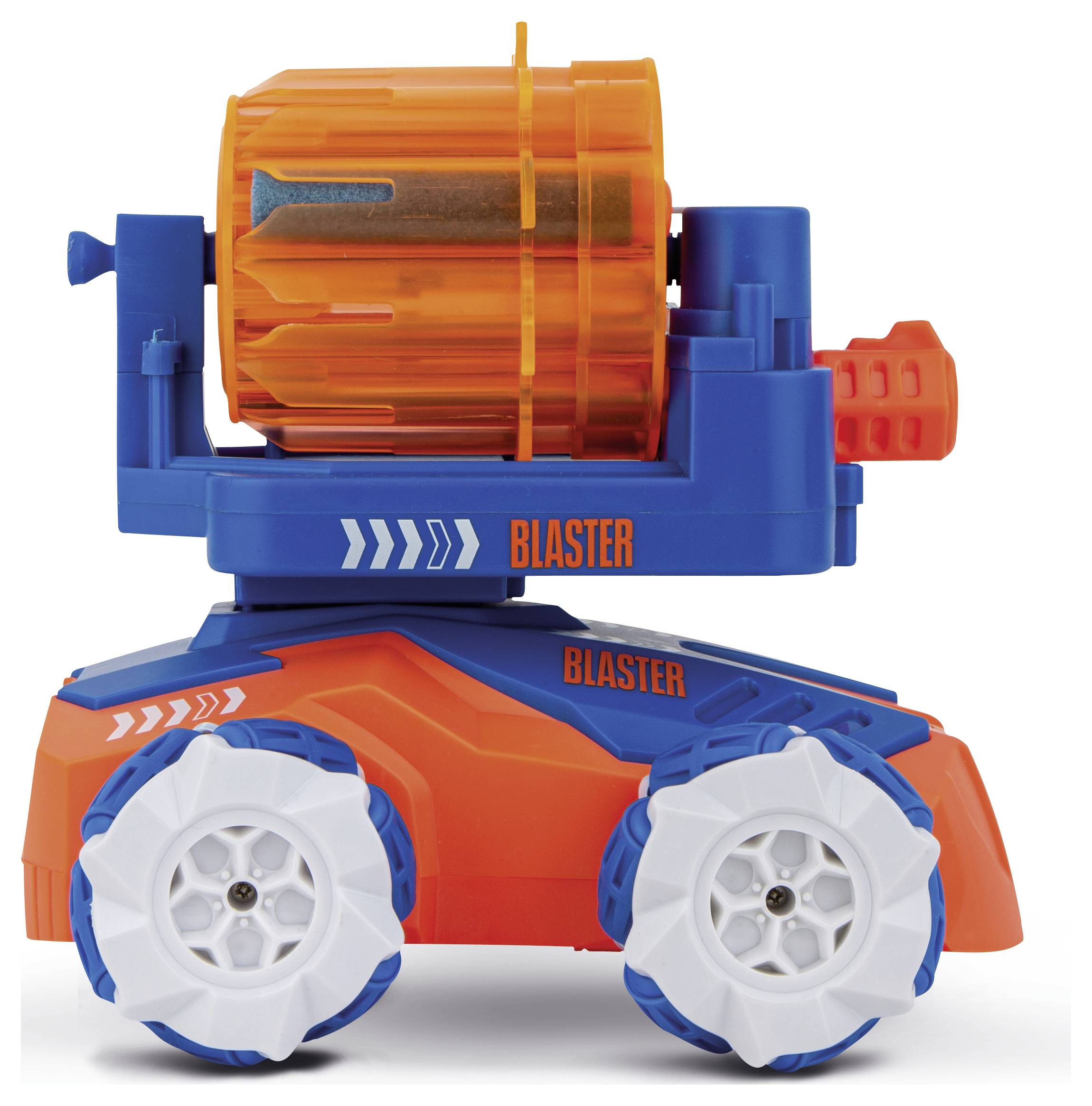 Spielzeugauto mit orange-blauem Blaster-Aufsatz und weiß-blauen Rädern.