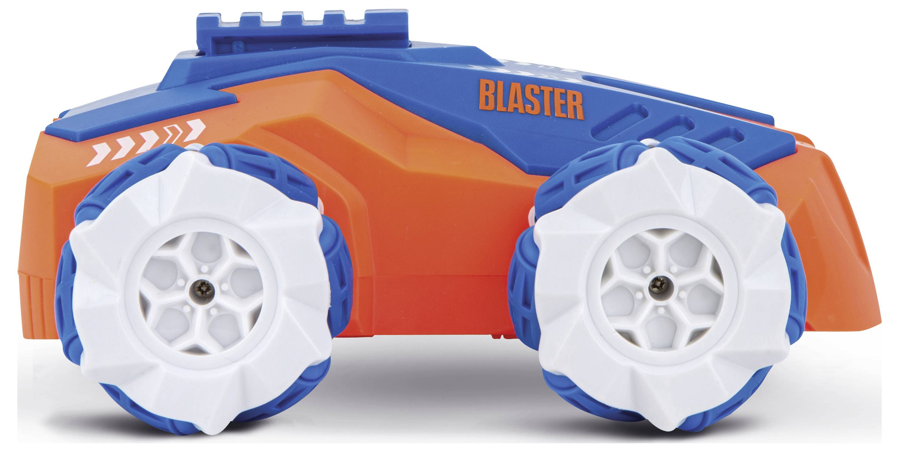 Ferngesteuertes Spielzeugauto 'Blaster' in Orange und Blau mit großen weißen Rädern, geeignet für Kinder ab 6 Jahren.