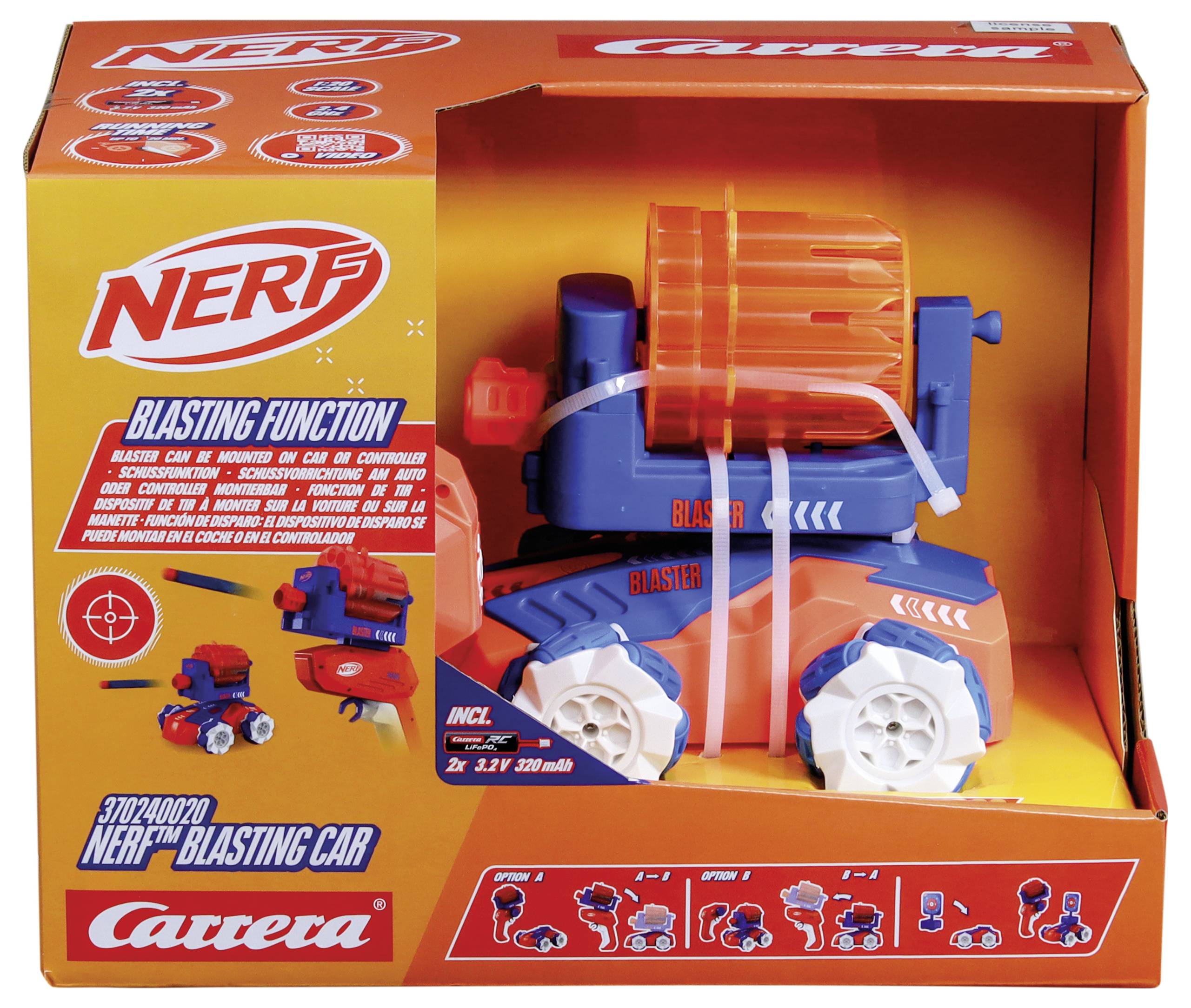 Spielzeugauto in Orange-Blau in einer Verpackung mit dem Aufdruck 'NERF'. Details zur 'Blasting Function' sind auf der Verpackung beschrieben.