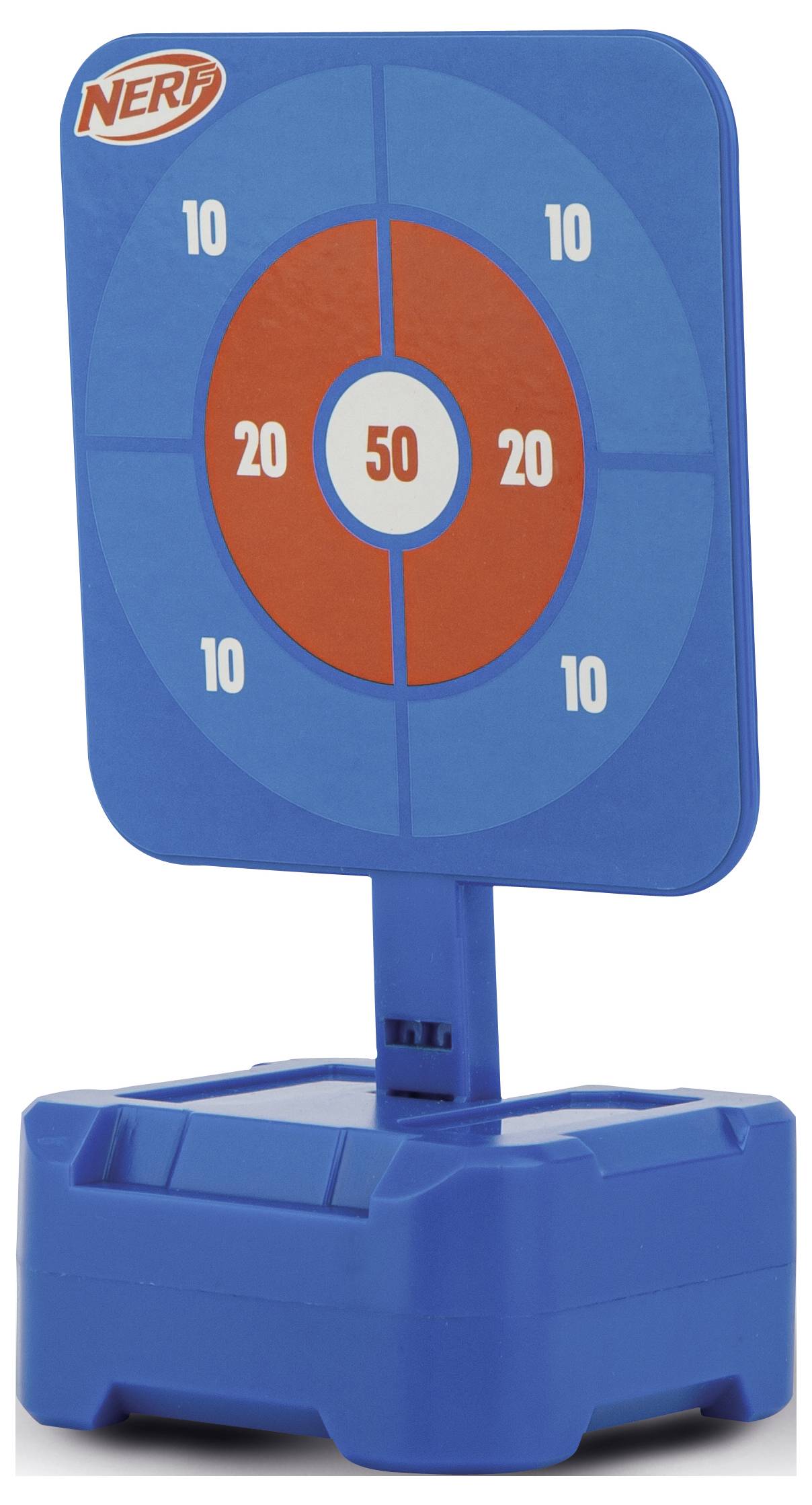 Eine Nerf-Zielscheibe mit blauen und roten Ringen, nummeriert von 10 bis 50. Perfekt für Zielübungen.