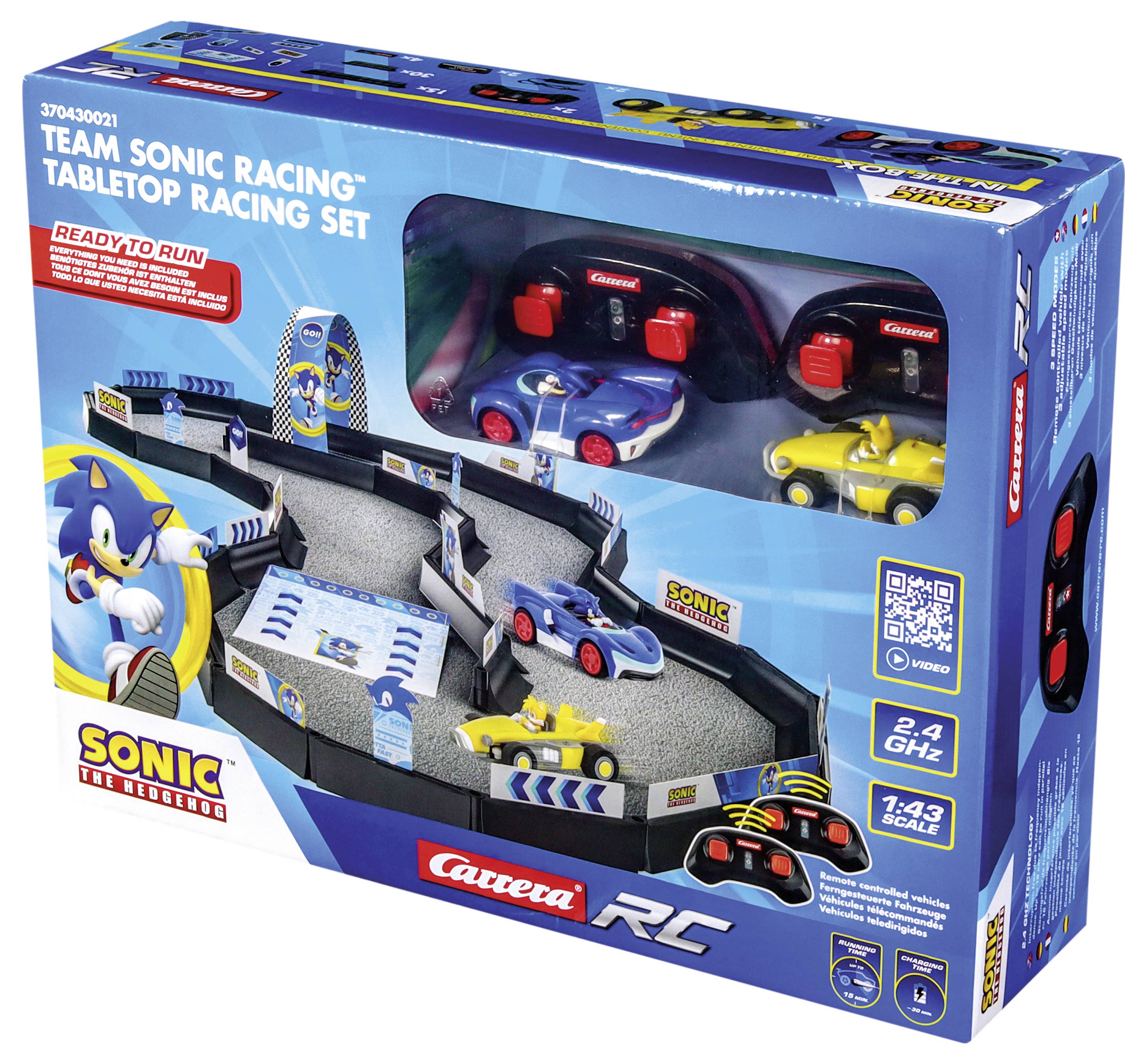 Ferngesteuertes Tischrennspiel 'Team Sonic Racing' im Karton. Enthält Rennbahn, drei Rennautos und Zubehör. Carrera RC Marke.