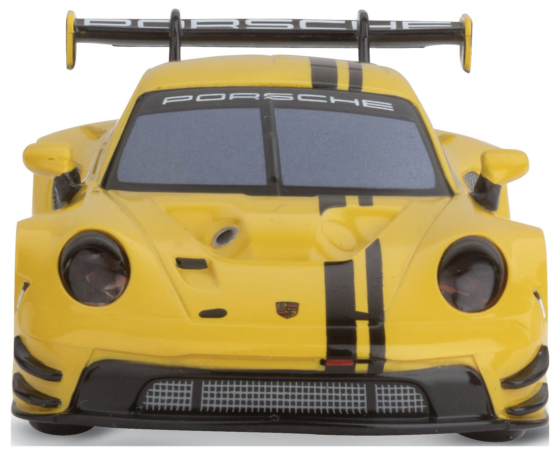 Ein gelbes Spielzeugauto im Stil eines Rennwagens, mit dem Schriftzug 'Porsche' und markanten schwarzen Streifen auf der Motorhaube.