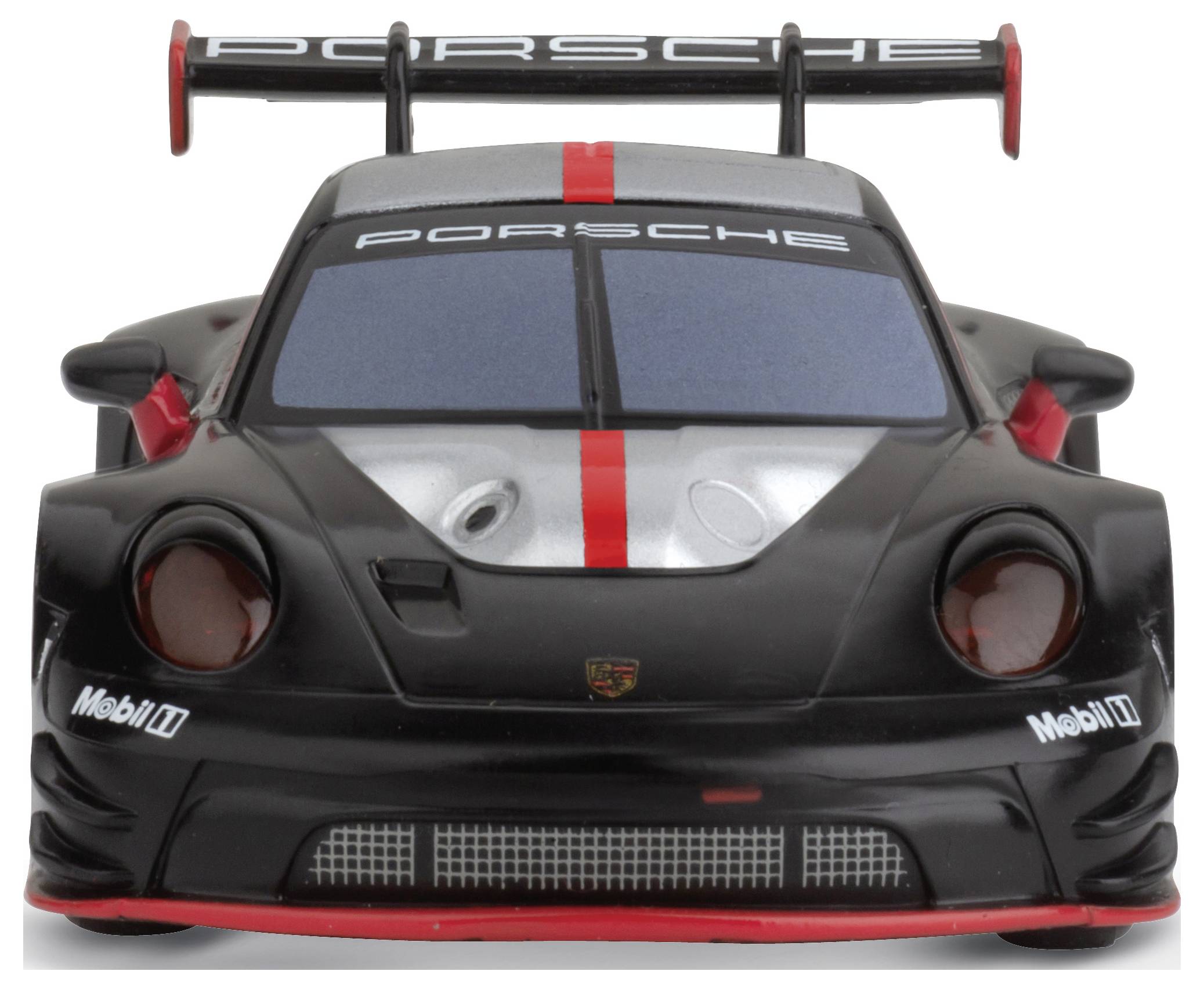 Ein schwarzes Spielzeugauto, das einem Porsche-Rennwagen ähnelt, mit rotem Streifen und Aufklebern auf der Stoßstange und dem Spoiler.