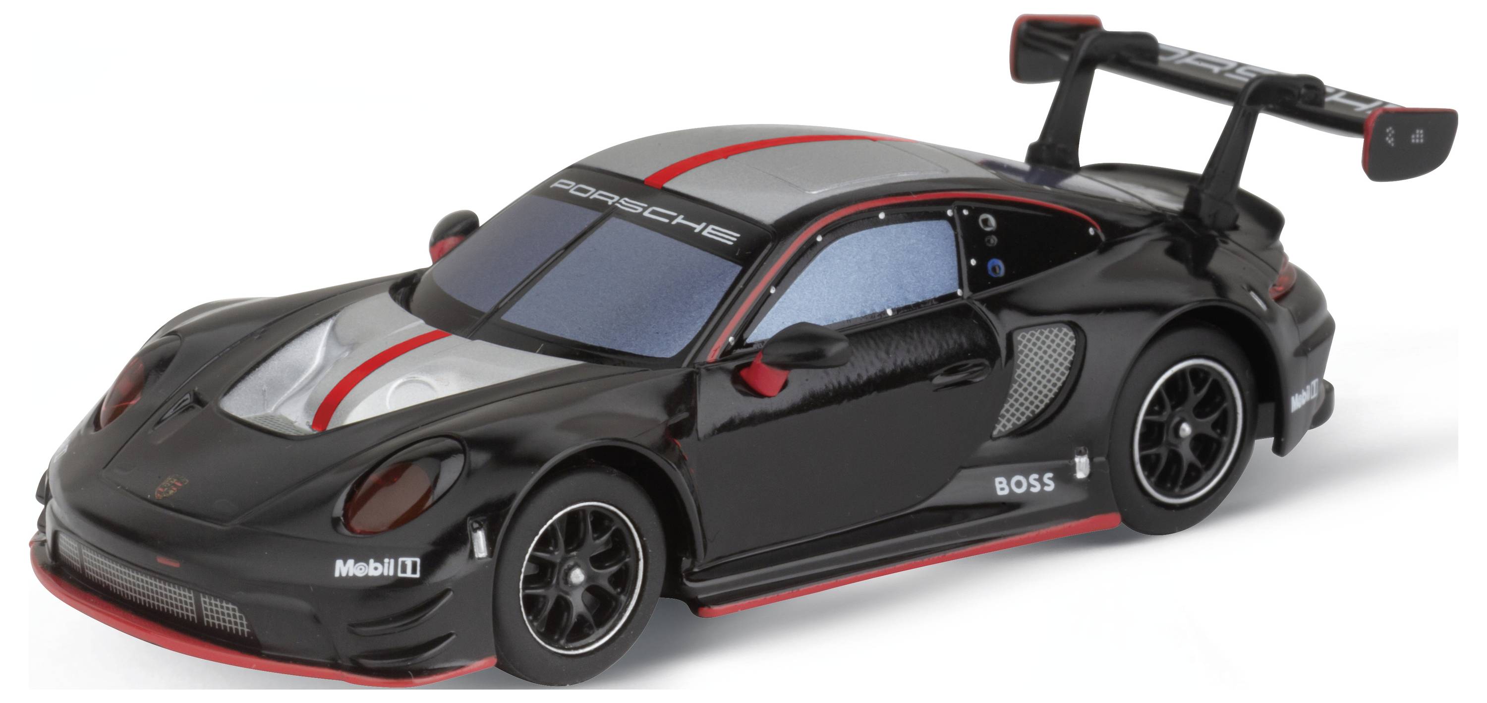 Schwarzes Spielzeugauto mit rotem und grauem Streifen, sportlichem Design und großem Heckspoiler, auf weißem Hintergrund.