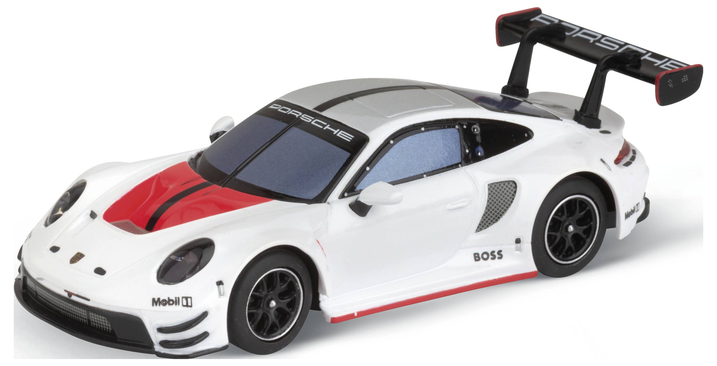 Ein weißes Spielzeugauto mit roten Streifen und einem großen schwarzen Spoiler, das einem Rennwagen nachempfunden ist.