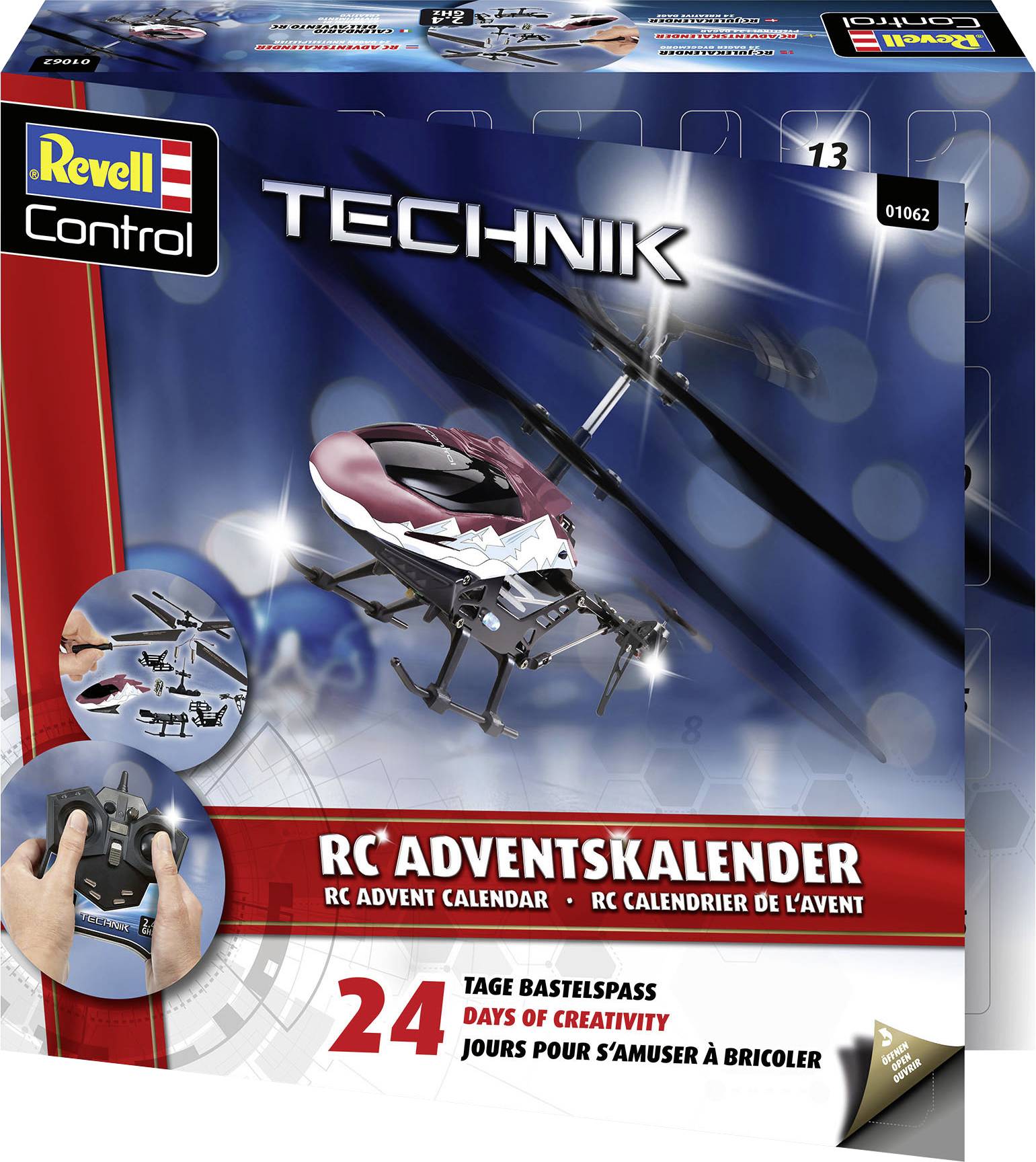 Adventskalender von Revell mit einem RC-Helikopter-Bausatz. Beinhaltet 24 Tage Bastelspaß für Technikbegeisterte.