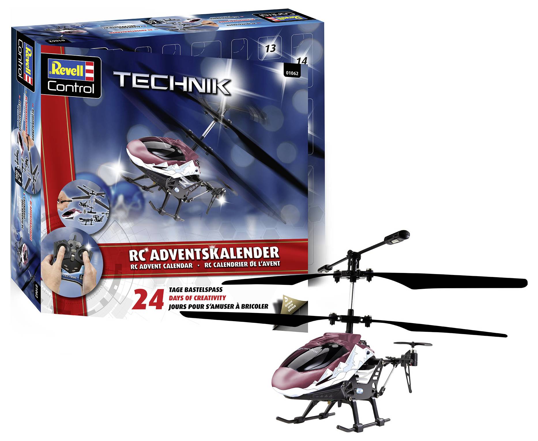 'RC Adventskalender' von Revell Control; Technik-Set mit 24 Basteltagen zur Erstellung eines ferngesteuerten Hubschraubers.